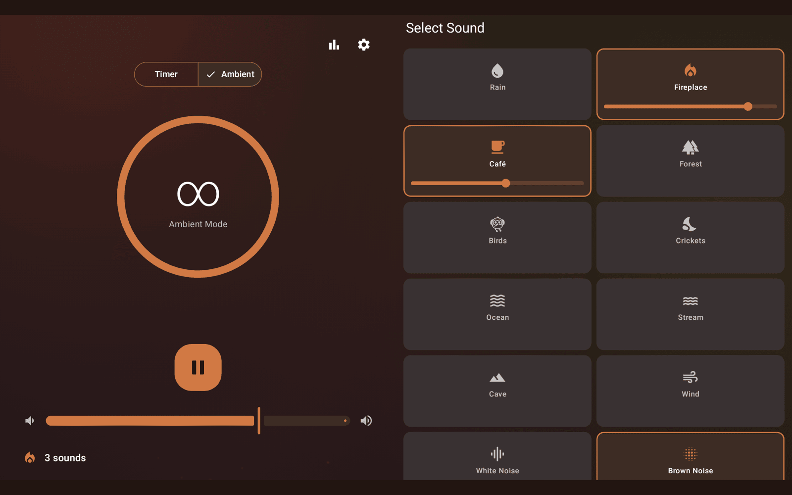 The same tablet layout in ambient mode, the whole screen turned warm by a fireplace and café mix