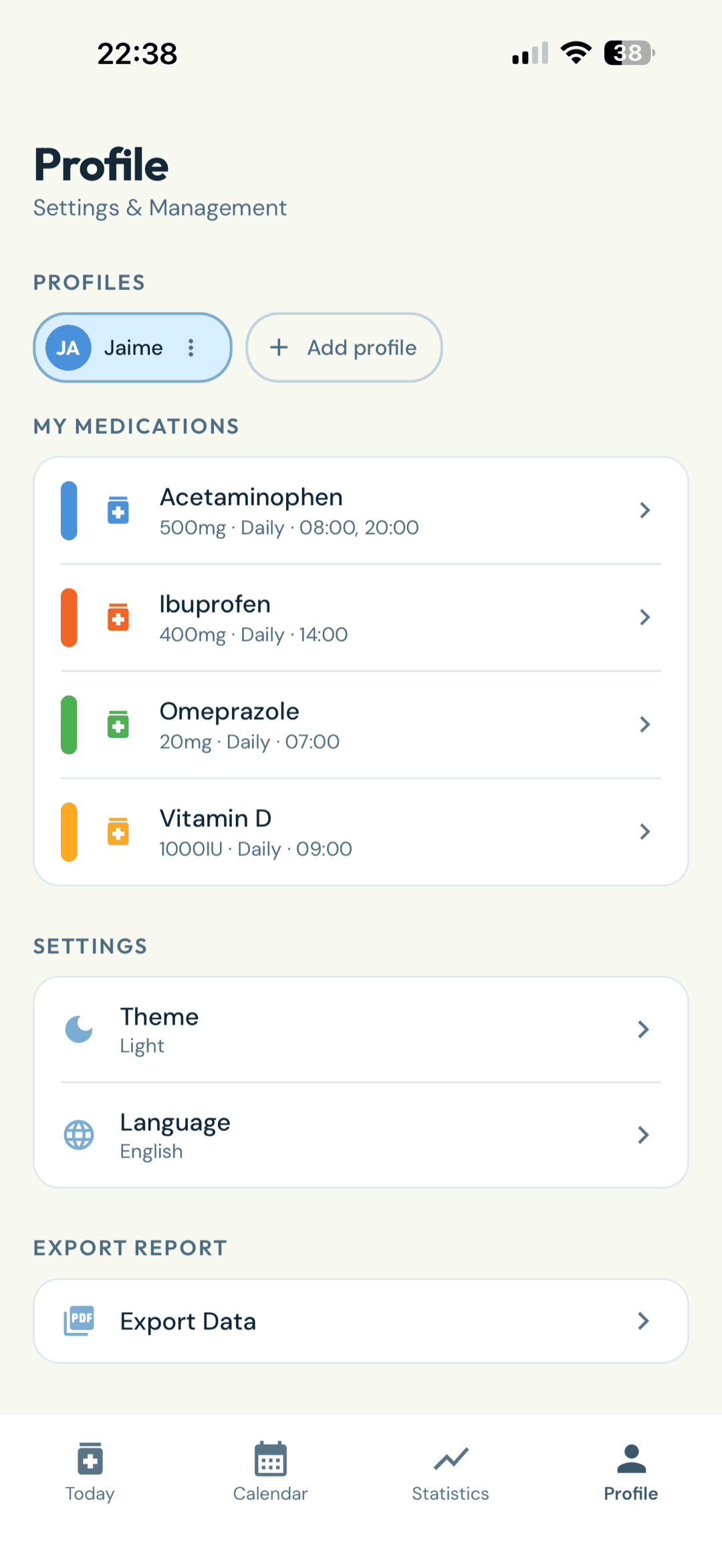The Profile tab with a separate medication schedule for each person you care for