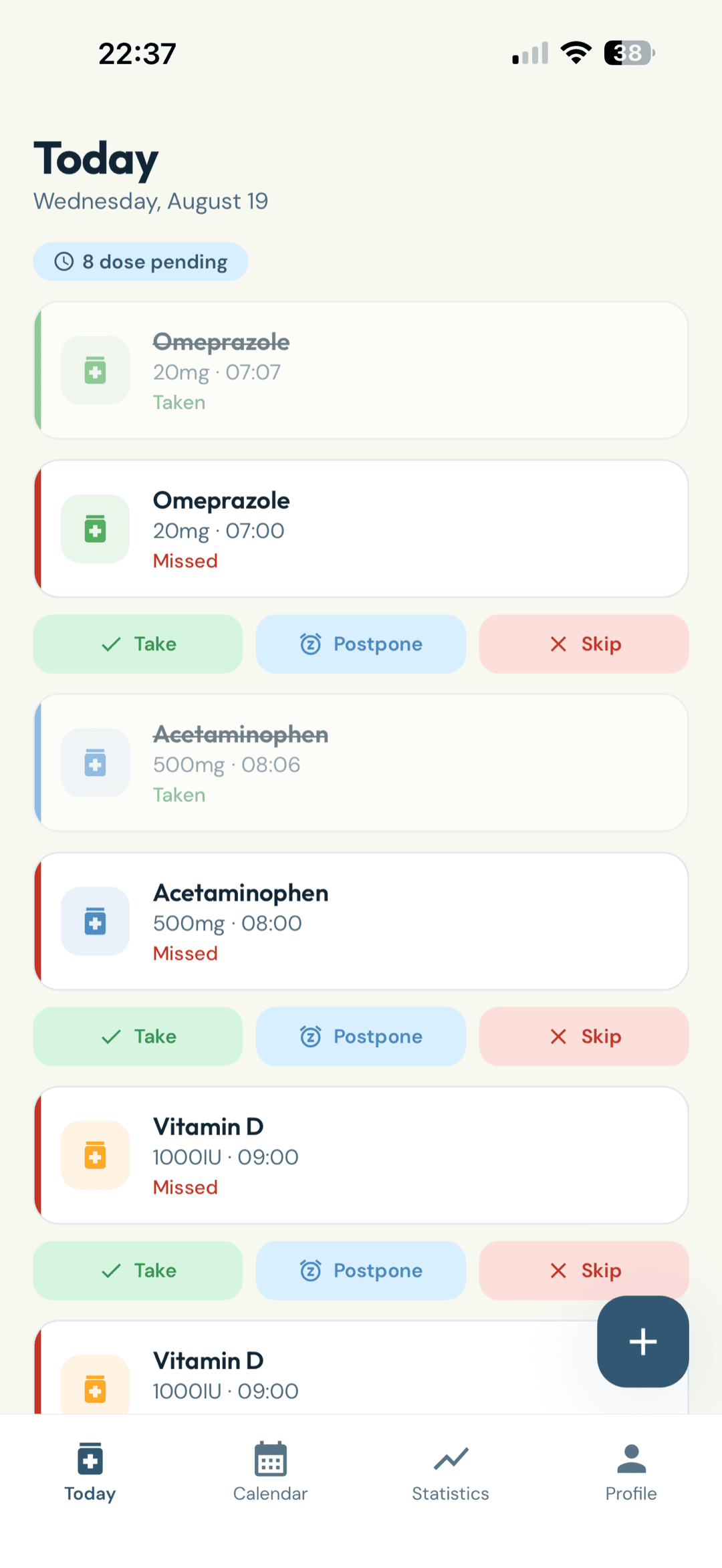 The Today tab listing the day's doses with the taken ones already checked off